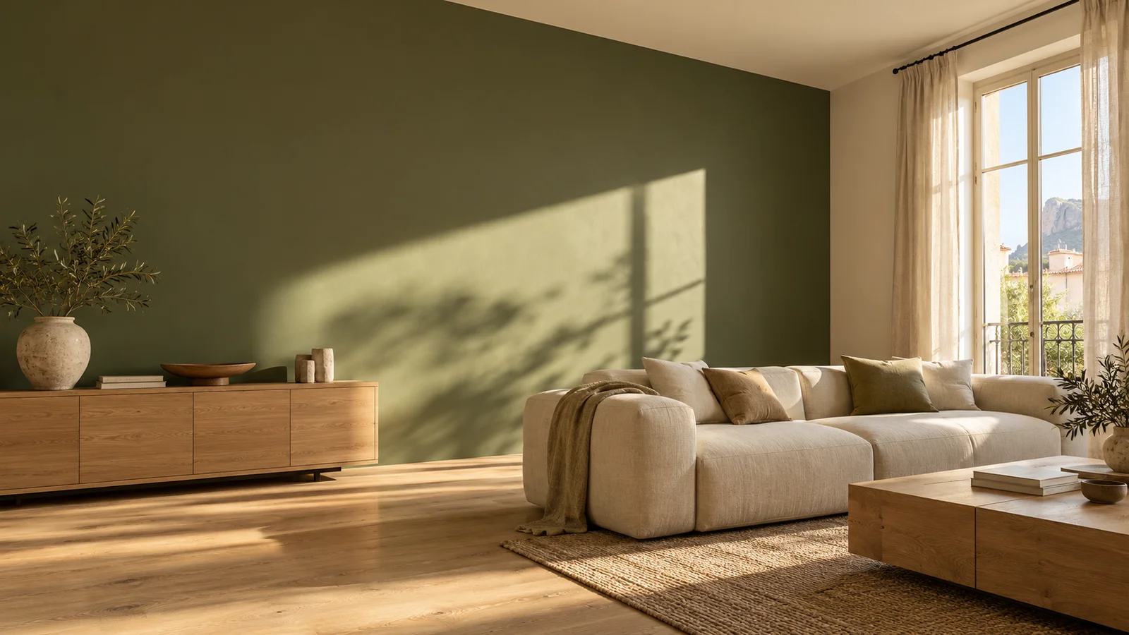 Salón luminoso con pared verde oliva, sofá de lino y muebles de madera natural. Interior recreado para la demo.